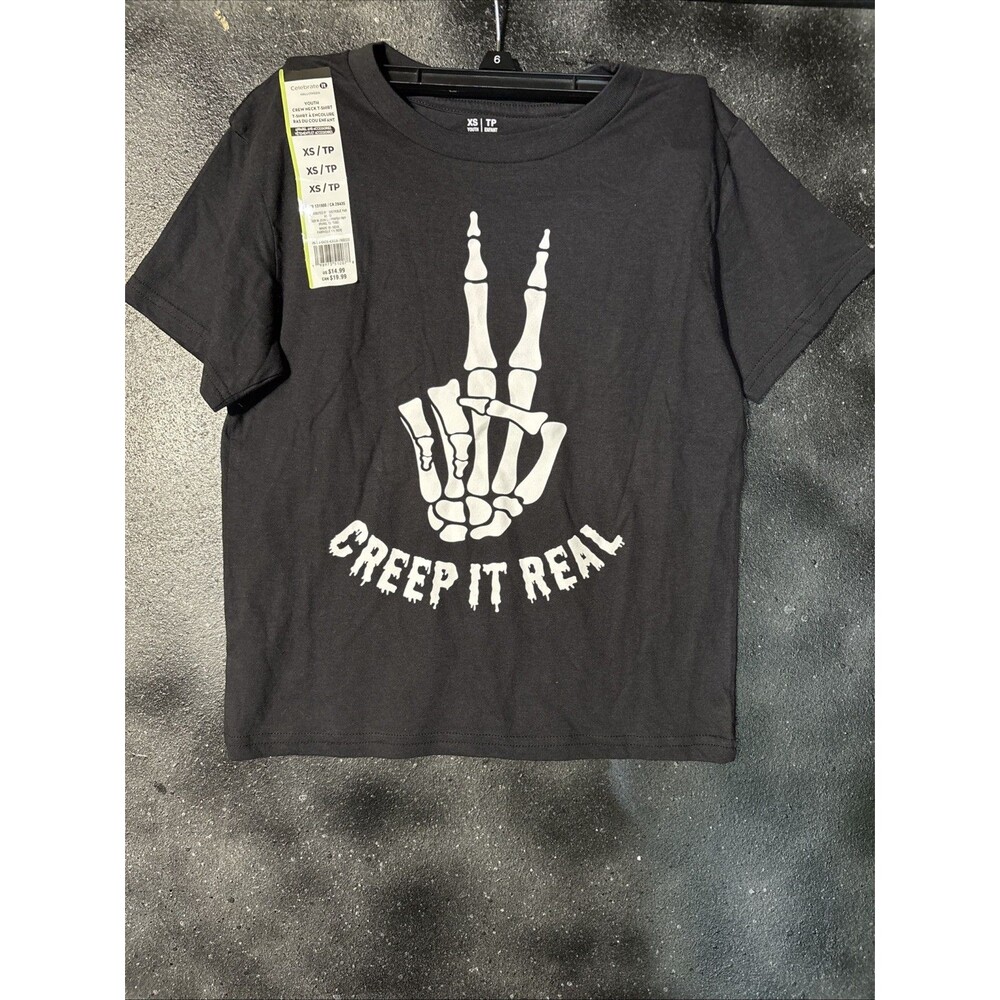 Kids XS (4/6) T Shirt Skeleton Hand Peace Sign CREEP IT REAL, NEW Halloween